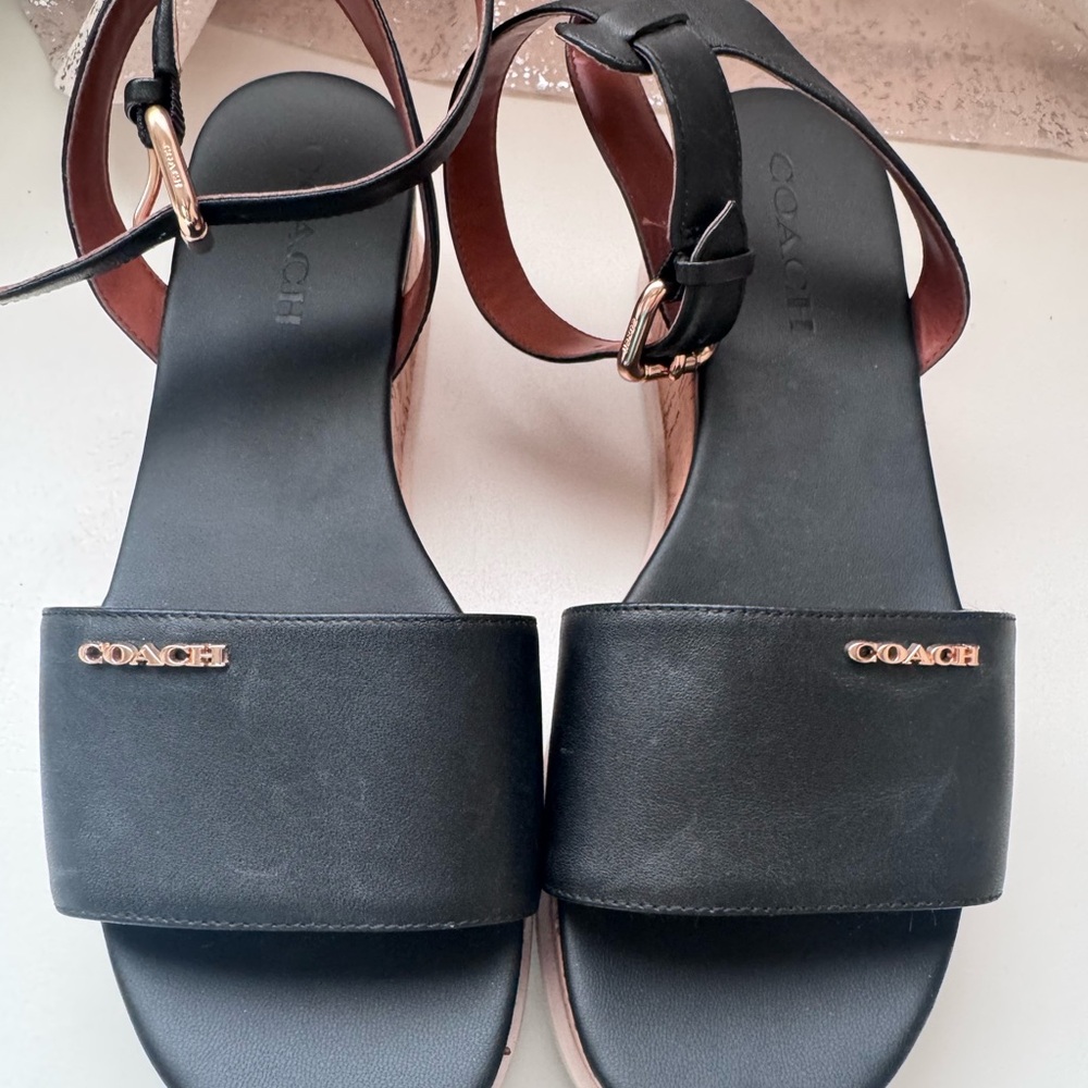 Coach Black Leather Cork Platform Sandals with Gold-Tone Buckle - Picture 2 of 5
